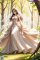 A woman in a wedding dress standing in the woods.