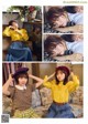 A collage of photos of a woman wearing a yellow shirt and blue jeans.